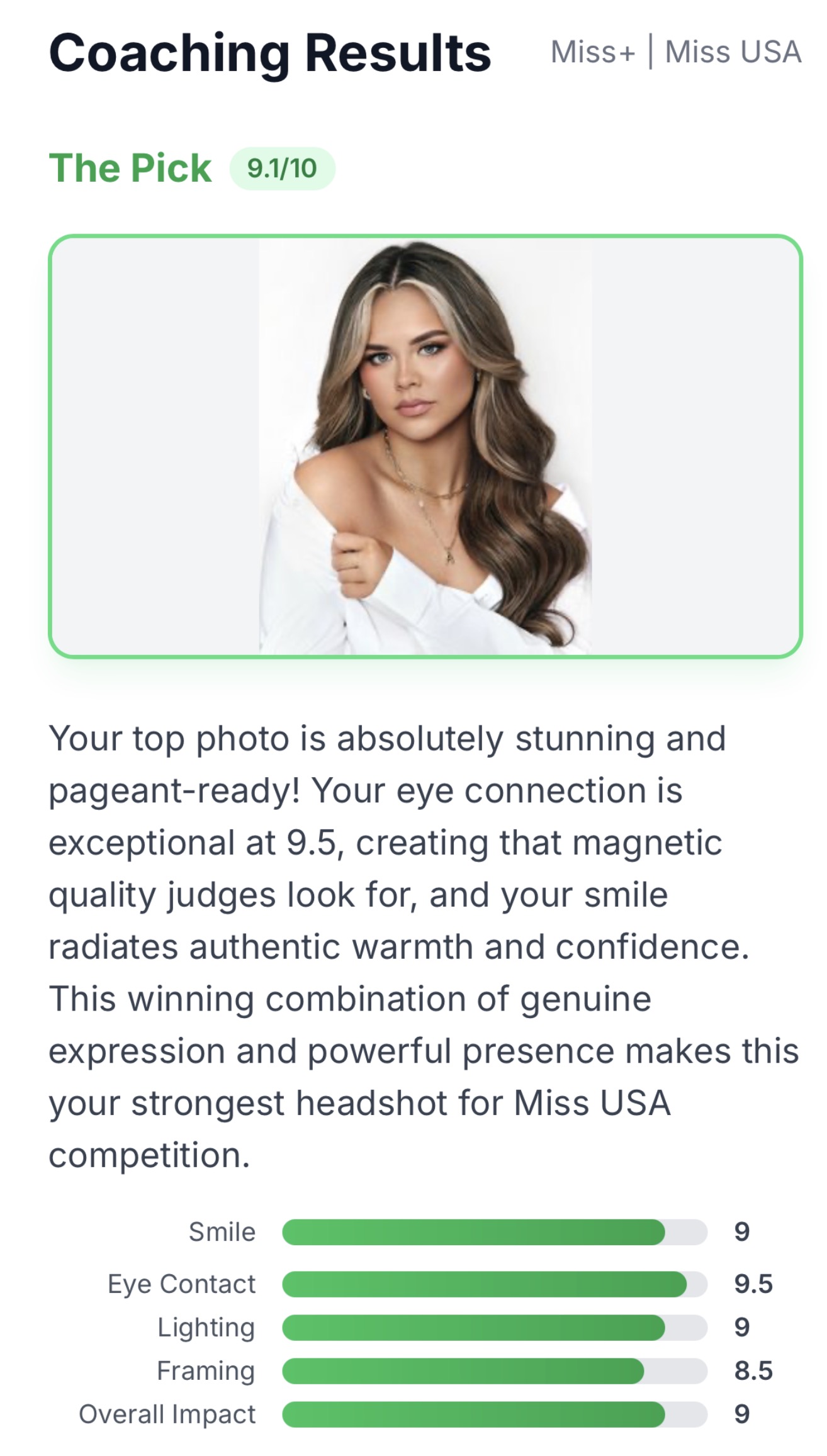 Example coaching report showing The Pick with a 9.1/10 score, coaching narrative, and 5-dimension scorecard